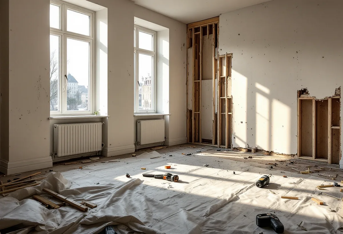 Rum under renovering med skyddat golv och öppen vägg