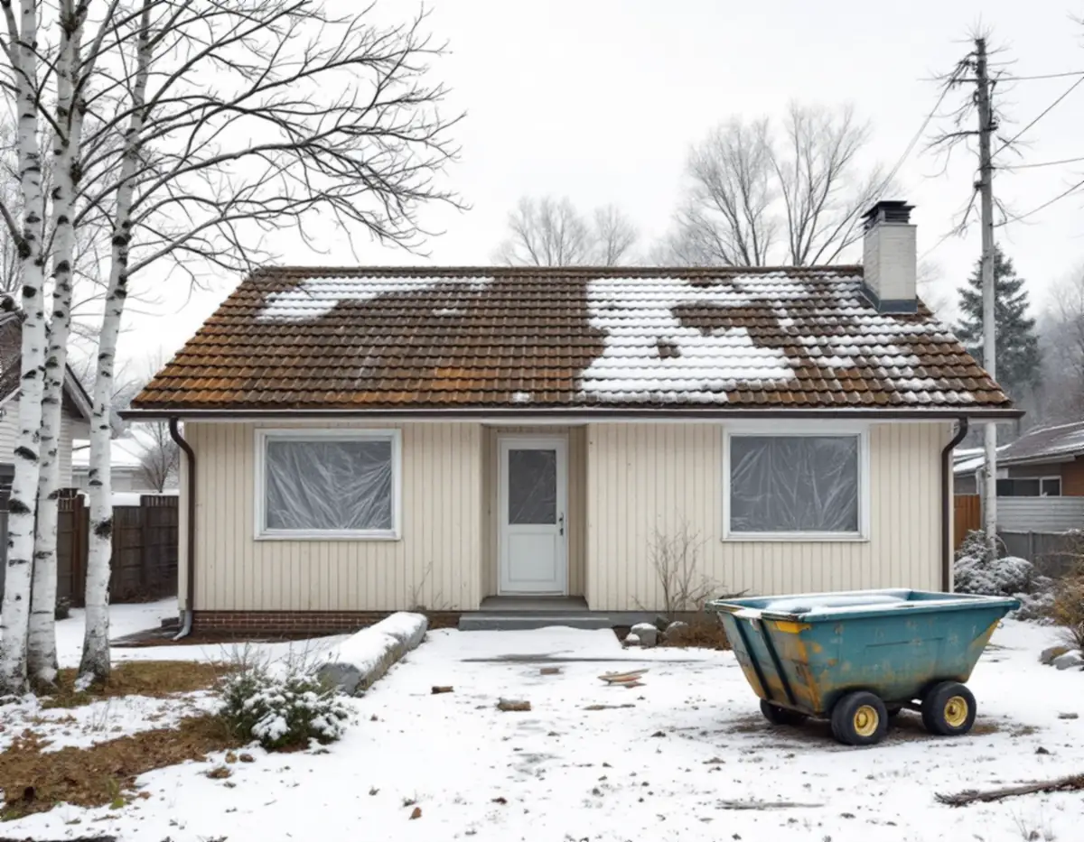 Villa med betongpannor och en skottkärra på tomten en vinterdag
