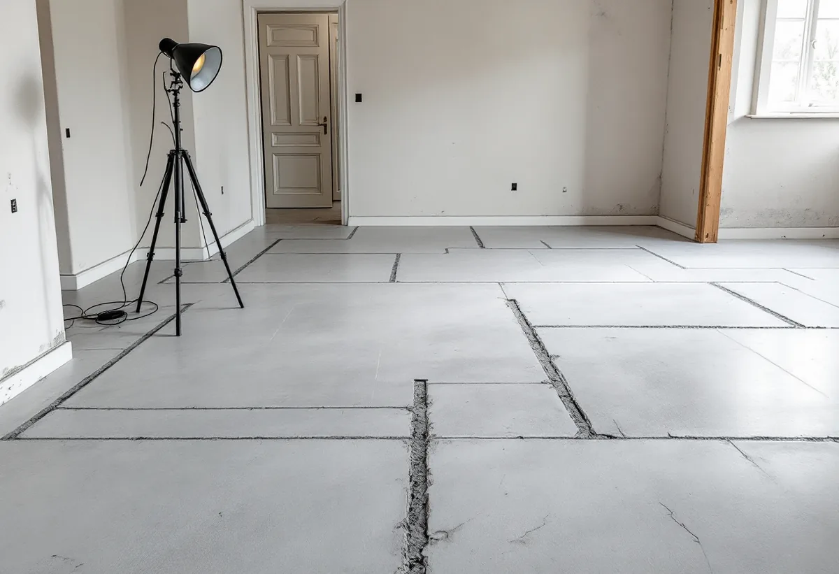 Betonggolv i en källare under renovering med tätade genomföringar runt rör