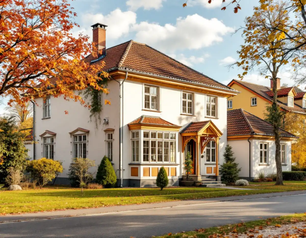 Äldre villa i puts och trä med glasveranda på en stor tomt