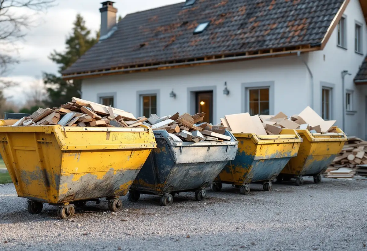 Containrar med rivningsmaterial utanför ett hus under renovering