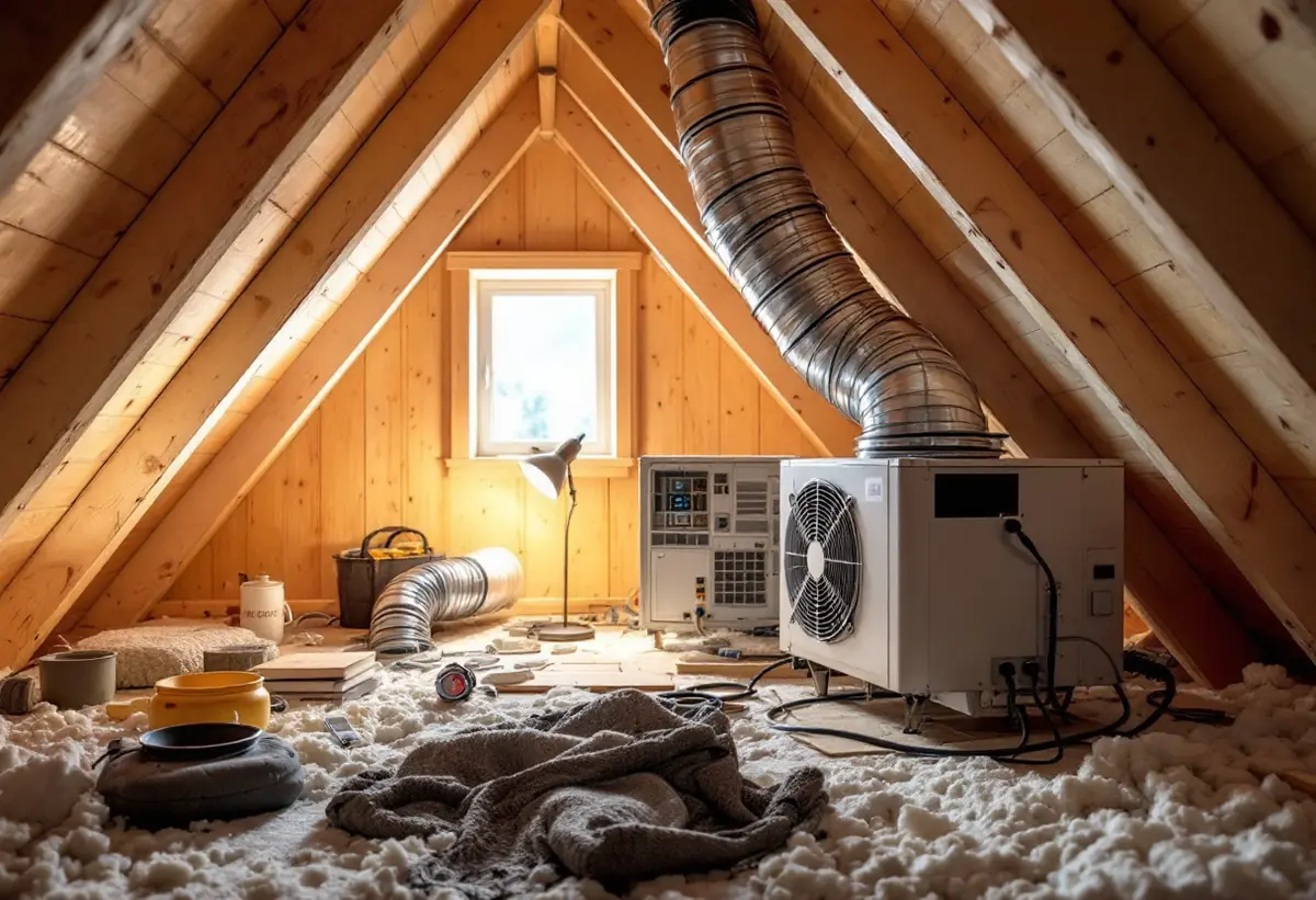 Ny ventilationskanal på en vind under renovering
