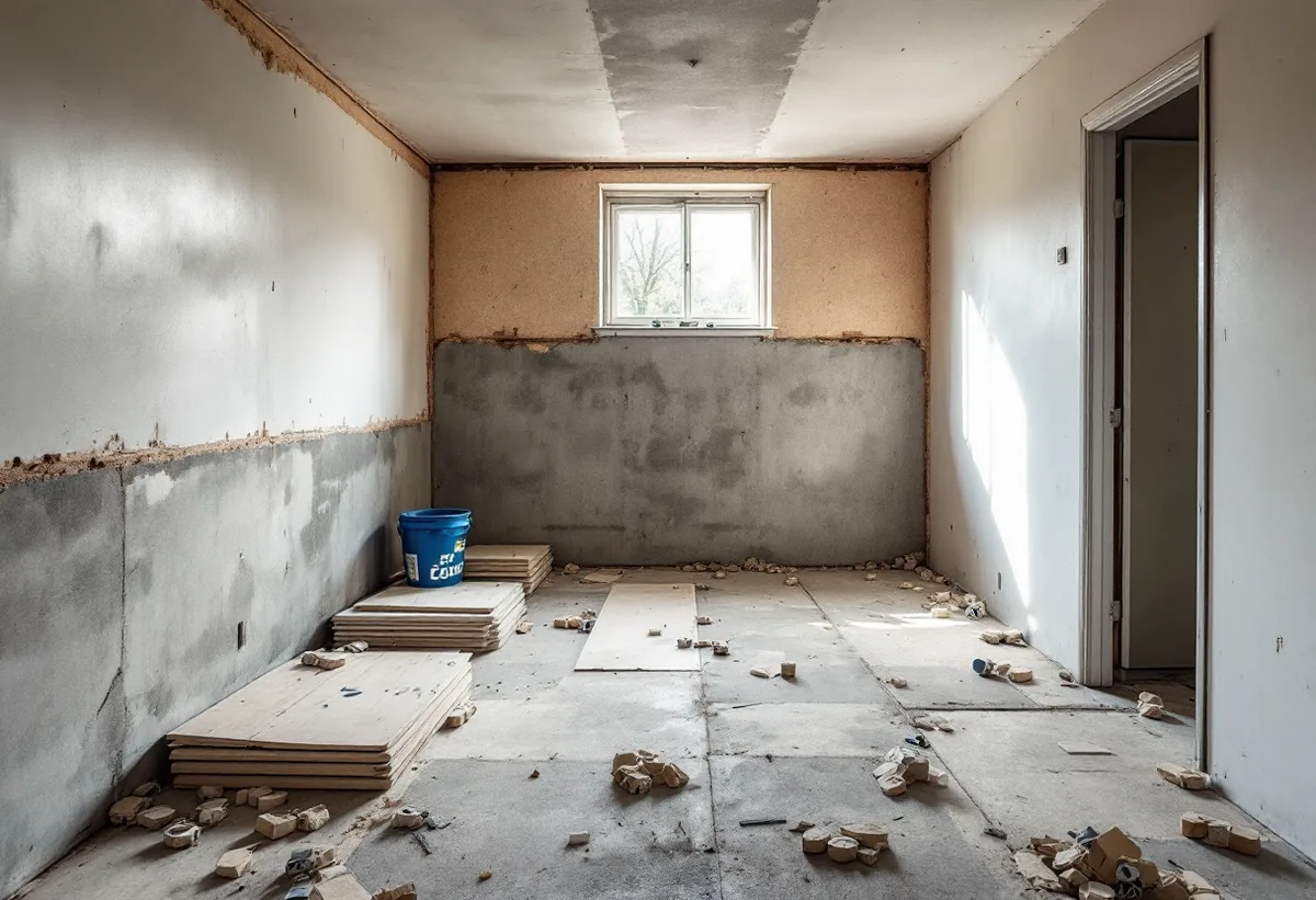 Suterrängvåning i ett radhus under renovering med frilagd vägg